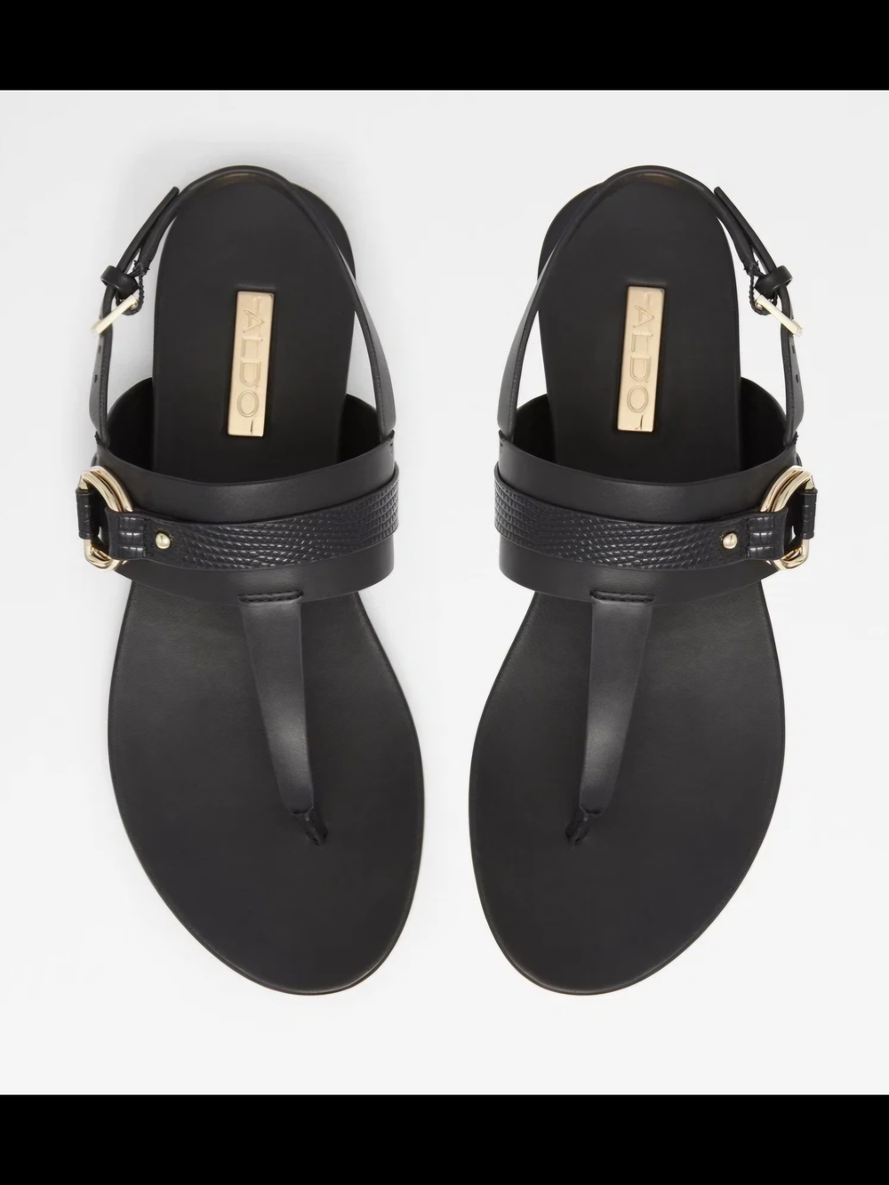 ALDO PANDRA Black T-Strap Sandals with Gold Buckle